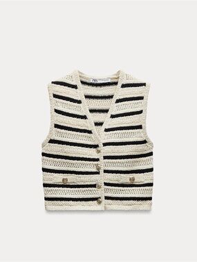 Zara Cream and Black Striped Crochet Vest